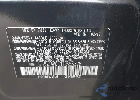 2017 Subaru Forester 2.5I Touring z USA, uszkodzony, nr VIN JF2SJAWC7HH555376